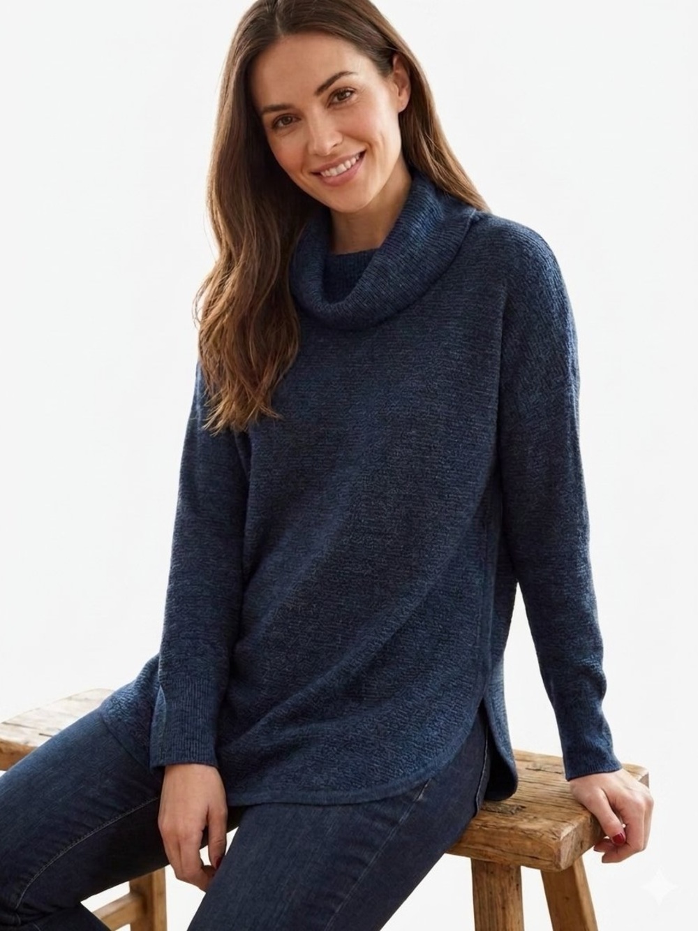 🆕 NWT Tahari XL Blue Marled 100% Extra Fine Merino Wool Cowl Neck Tunic Top